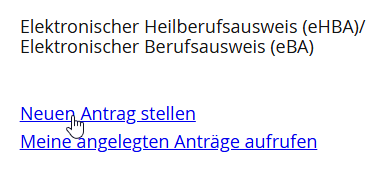 Screenshot aus dem E-Health Antragsportal zur Beantragung von eHBA/eBA