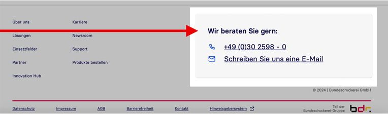 Eine Ansicht der Kontaktmöglichkeiten im Footer