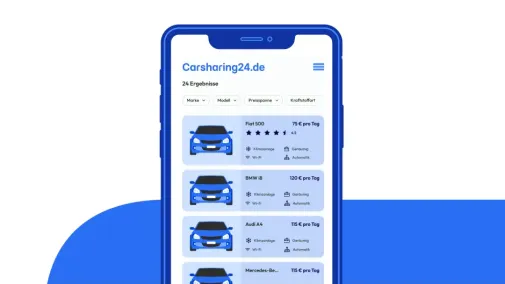 The image shows a smartphone screen with the Carsharing24 app.