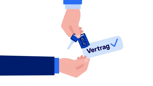 The picture shows the handover of car keys and contract.