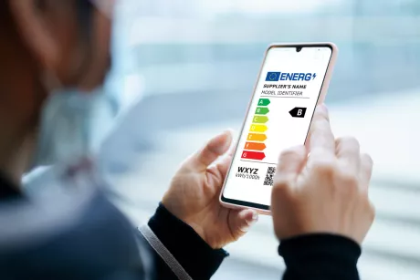Person looks at mobile screen with energy labeling