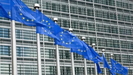 EU-Fahnen wehen vor einem Gebäude.
